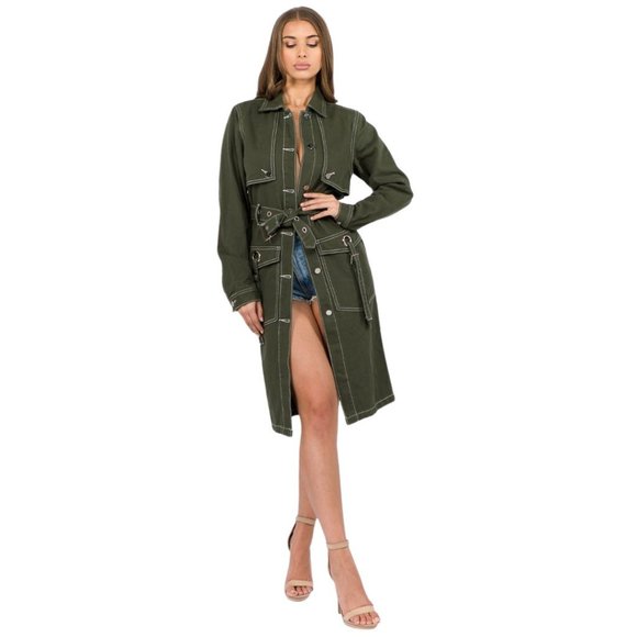 American Bazi Jackets & Blazers - American Bazi WOMEN'S OLIVE DENIM TRENCH COAT JACKET